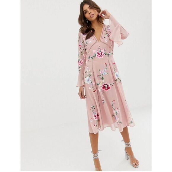 ASOS pink embroidered bell sleeve pink dress 8 - Picture 1 of 10